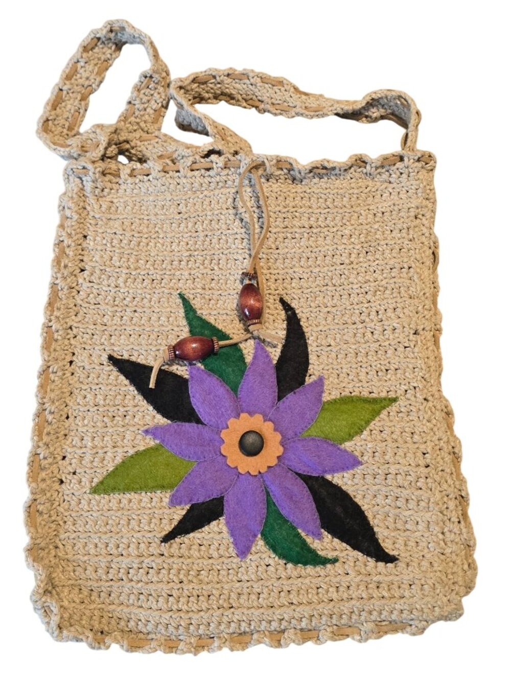 Crochet Shoulder Bag With Purple Flower Felt Applique & Beads
